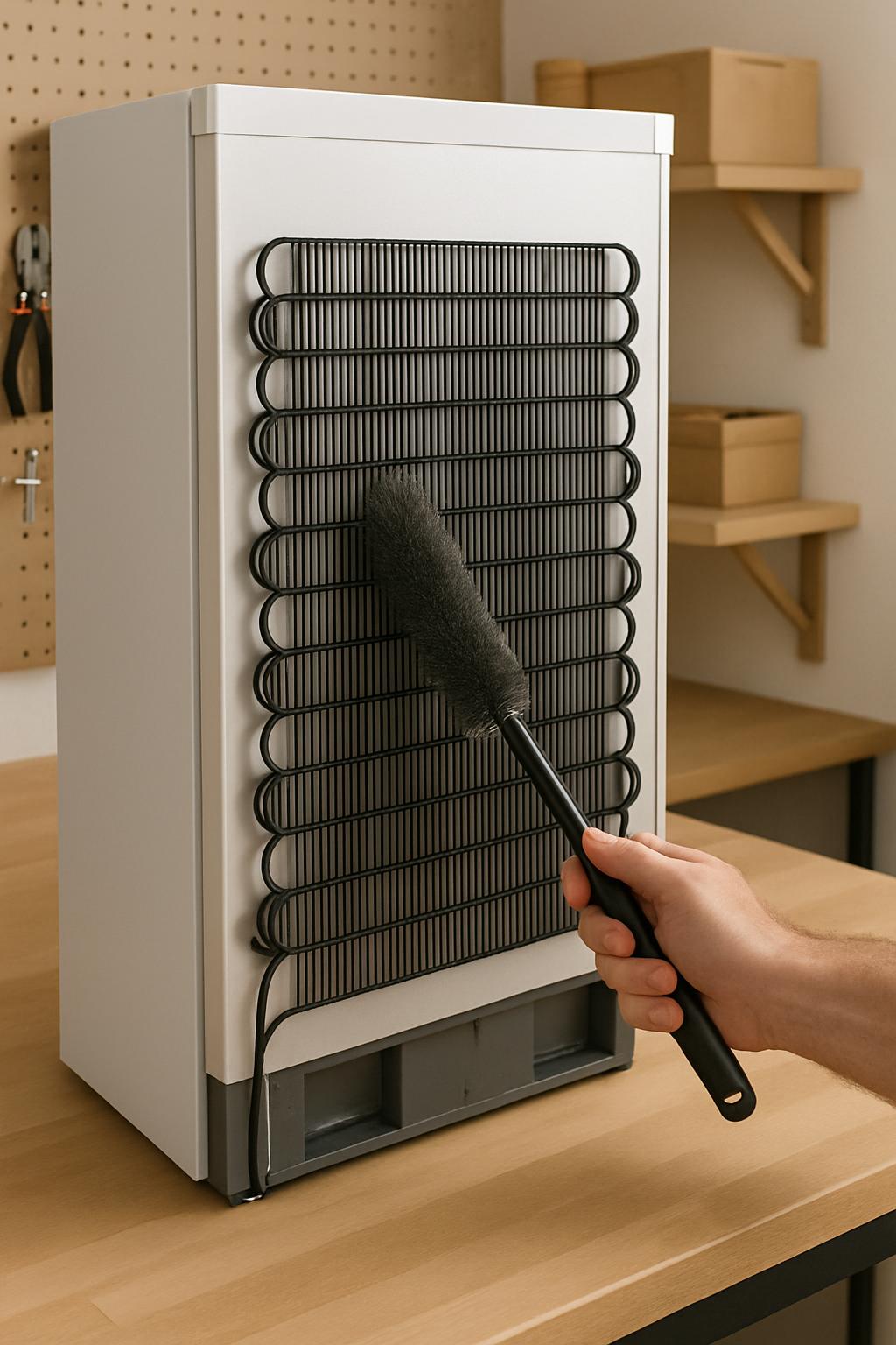 A person cleaning an air filter machine with a cloths brush, sitting on a wooden workbench.