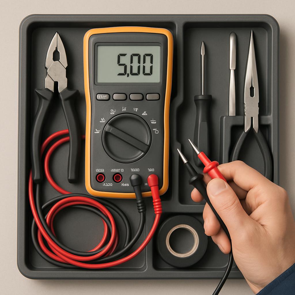 A multimeter, hand holding a probe, and a pair of wire cutters.