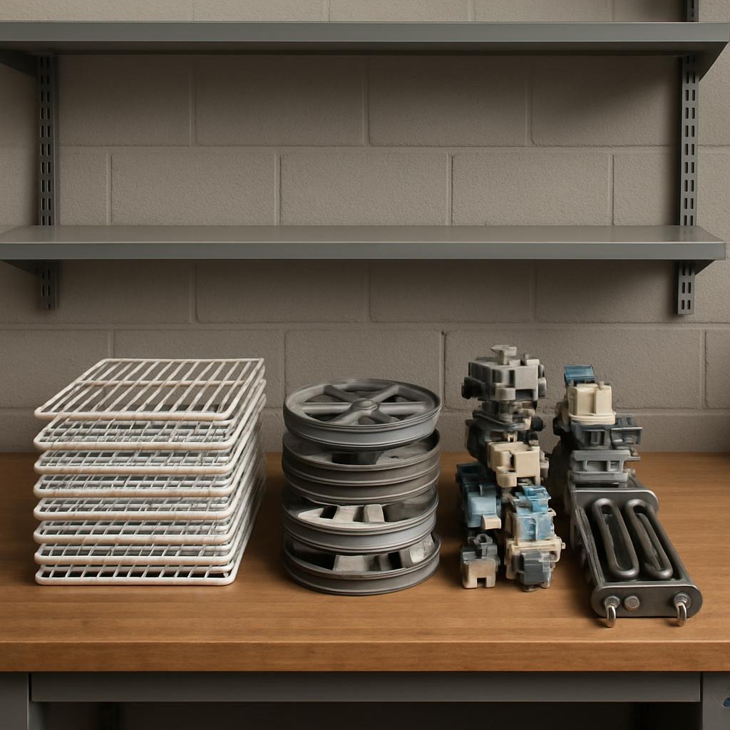 A pile of cluttered plumbing parts on a wooden surface below a metal shelf against a cinder block wall.