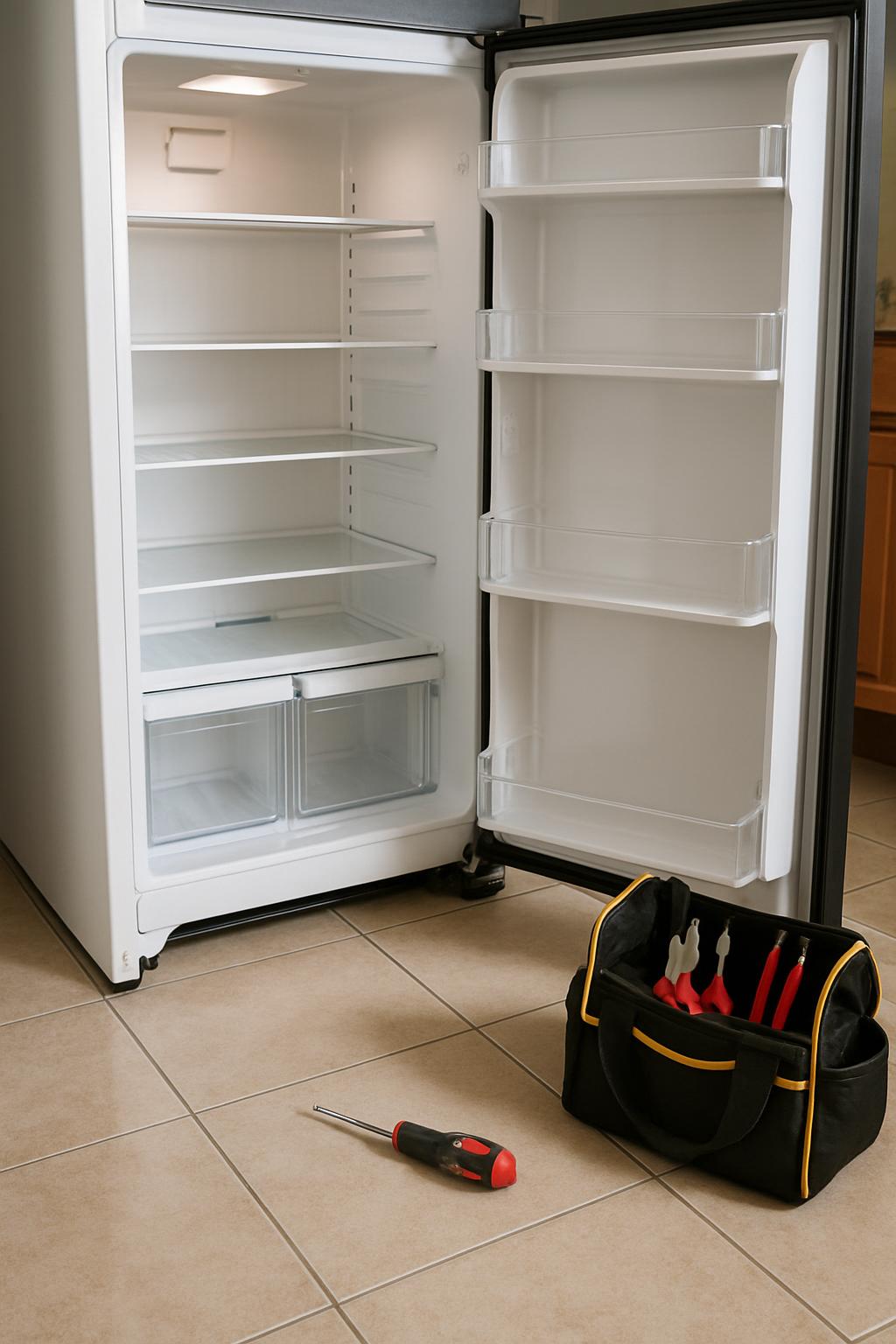 An open, empty refrigerator with tools outside.