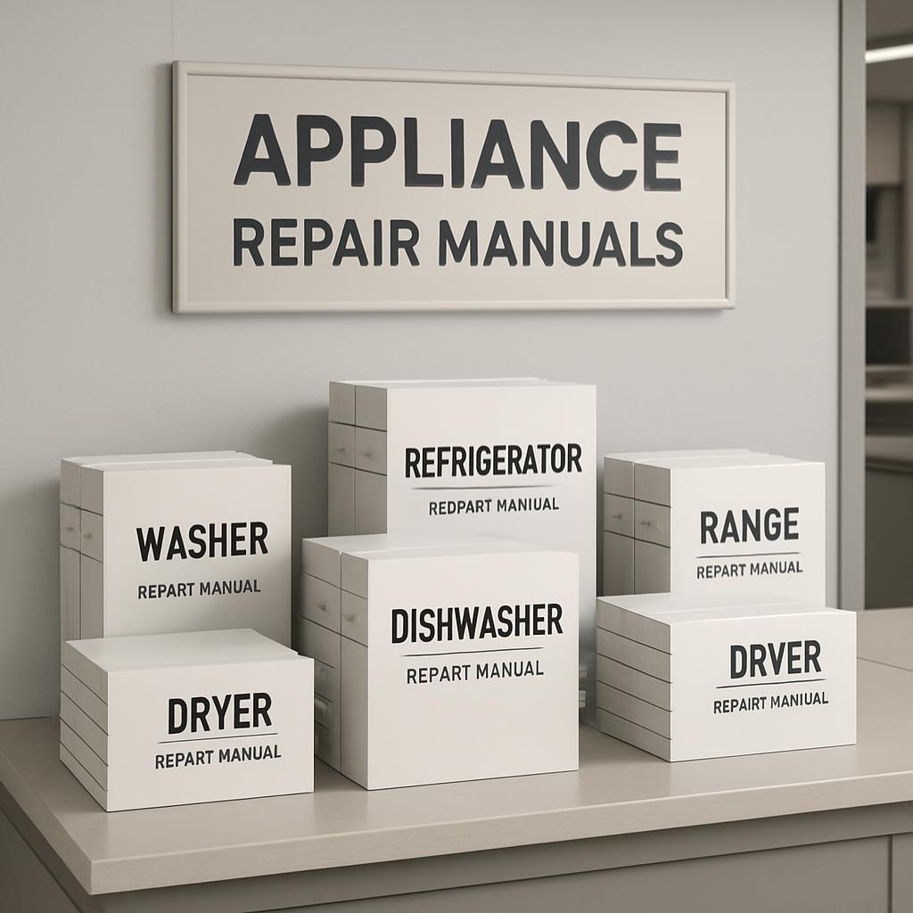 Appliance Repair Manuals sign displayed on a shelf with various manuals for home appliances.